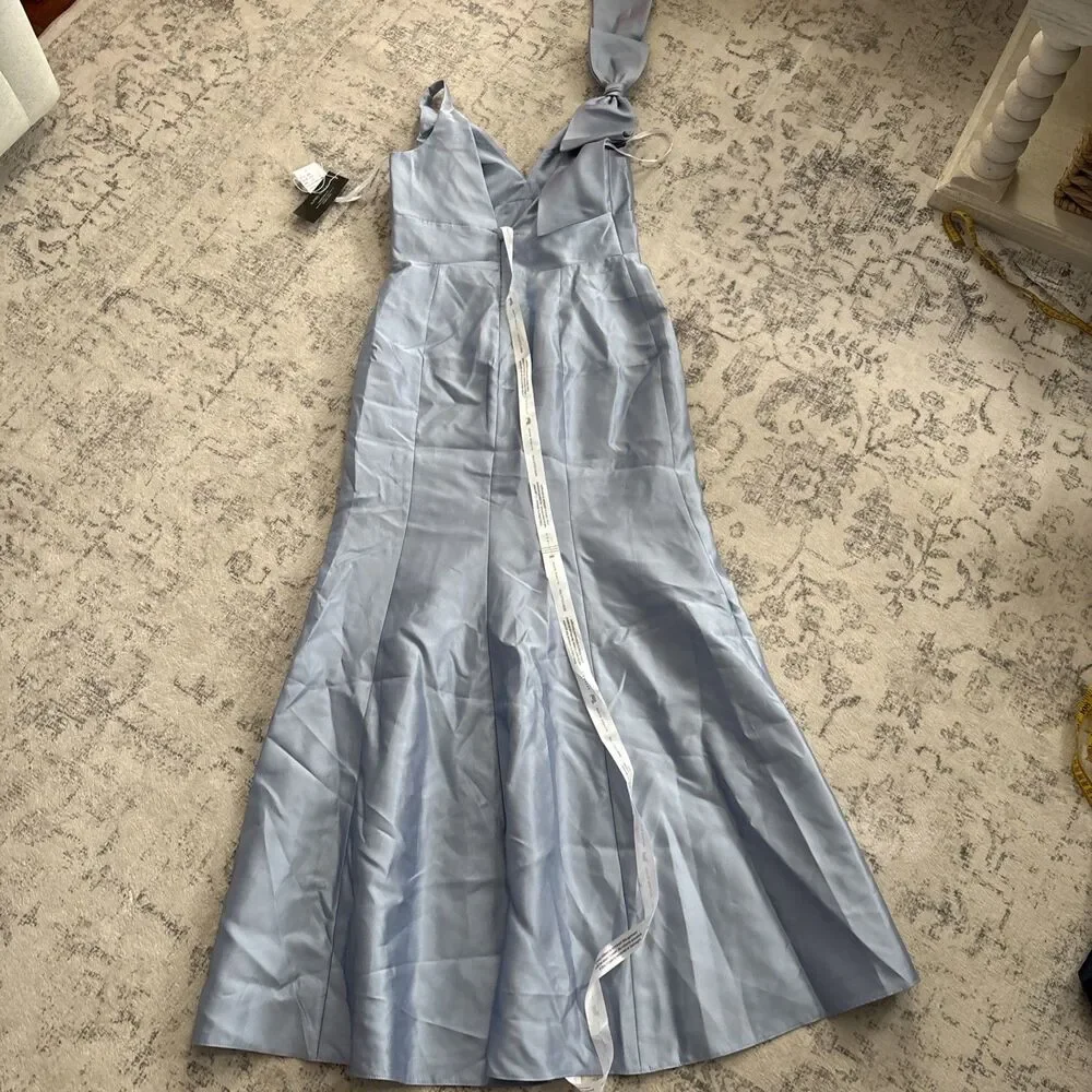 Alfred Sung Deep V Back Satin Trumpet Dress Cloudy Blue Size 10 NWT Bow Shoulder - Picture 3 of 9